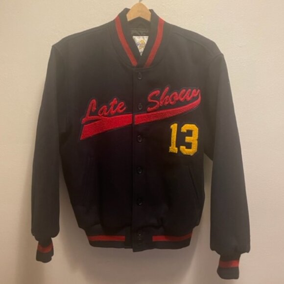 RARE NWOT Late Show David Letterman crew staff baseball jacket in navy & red